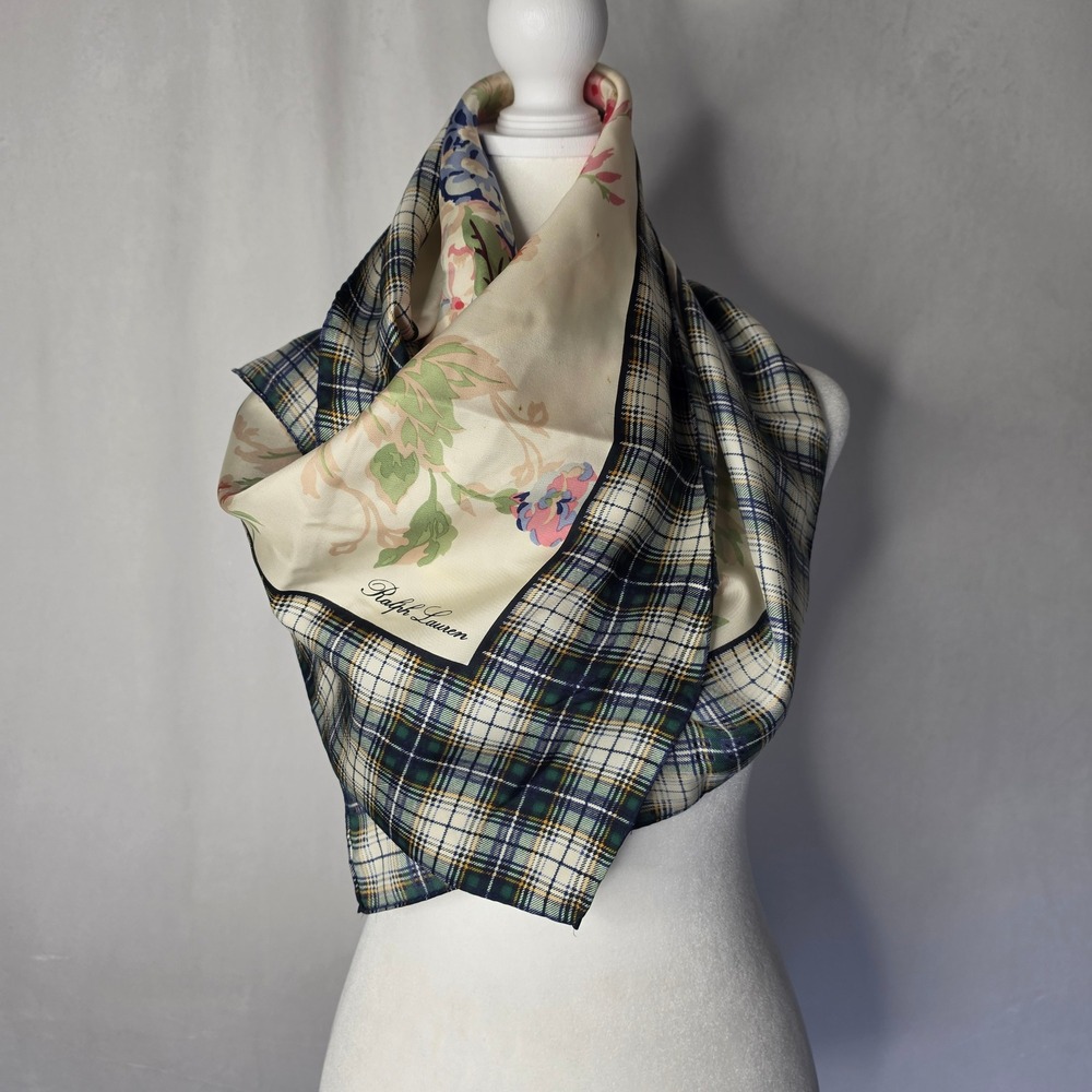Ralph Lauren Silk Square Scarf Floral Plaid Tartan whimsical old school